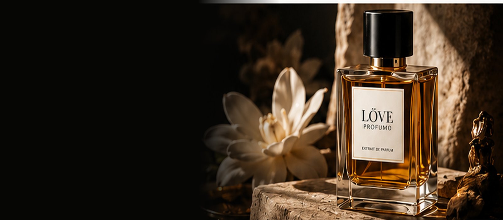 Luxury fragrance bottles in warm editorial light
