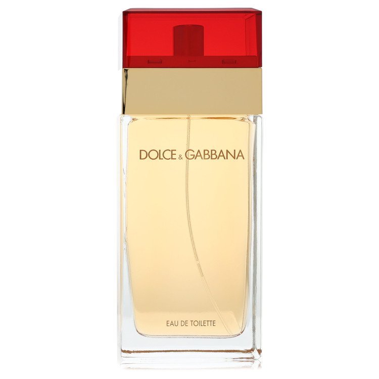 Dolce & Gabbana Eau De Toilette Spray for women in clear rectangular bottle with red cap and gold accent