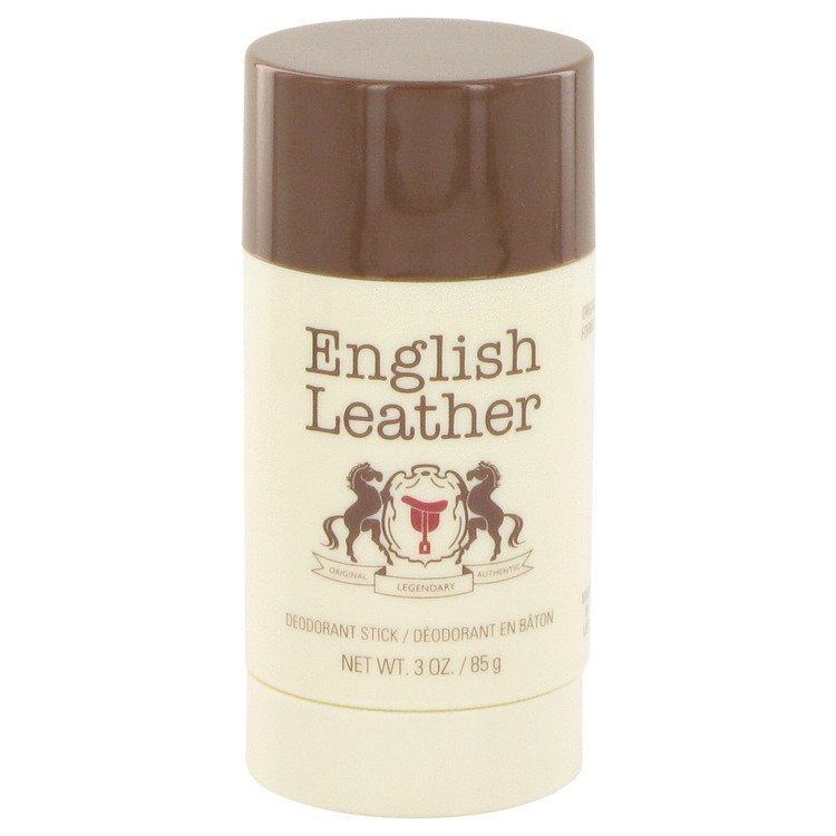Dana English Leather deodorant stick for men with brown cap and cream label, 2.6 oz