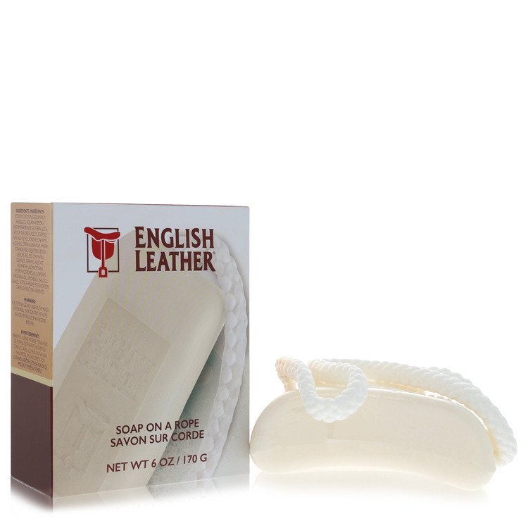 Dana English Leather soap on a rope 6 oz bar with white braided rope and branded box packaging
