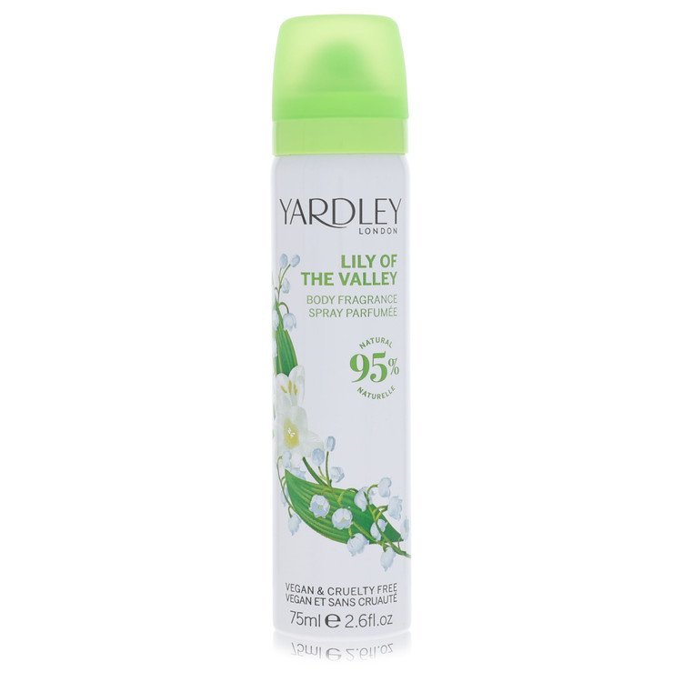 Yardley London Lily of The Valley body spray can with green cap and floral design, 2.6 oz