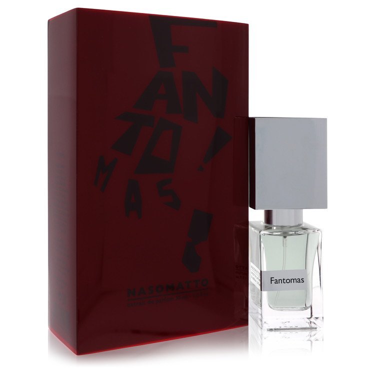 Nasomatto Fantomas perfume bottle with silver cap and dark red box
