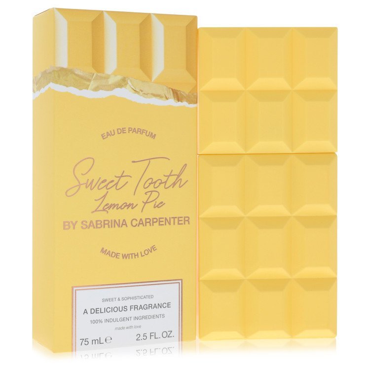 Sabrina Carpenter Sweet Tooth Lemon Pie Eau De Parfum 2.5 oz with yellow box and bottle shaped like a chocolate bar