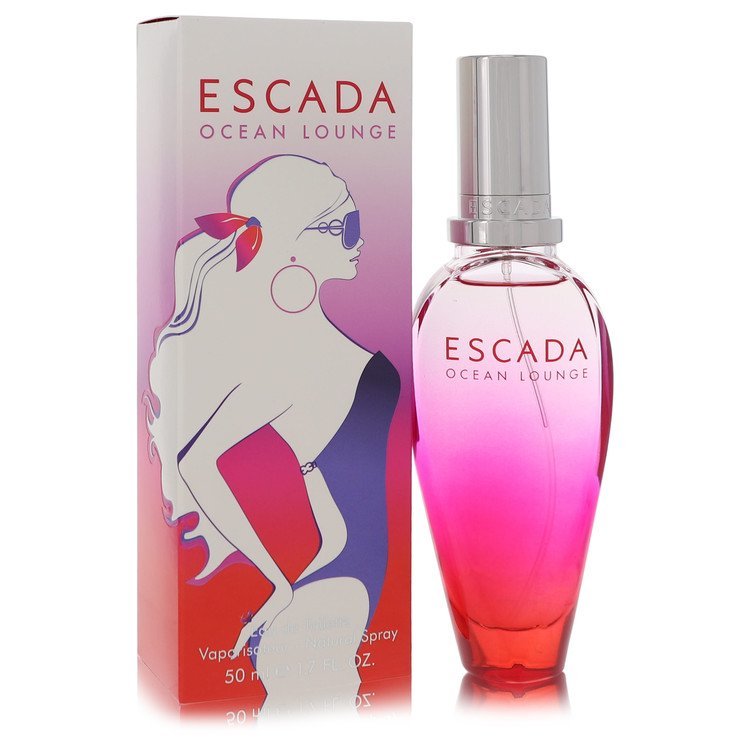 Escada Ocean Lounge Eau De Toilette Spray with pink gradient bottle and illustrated box