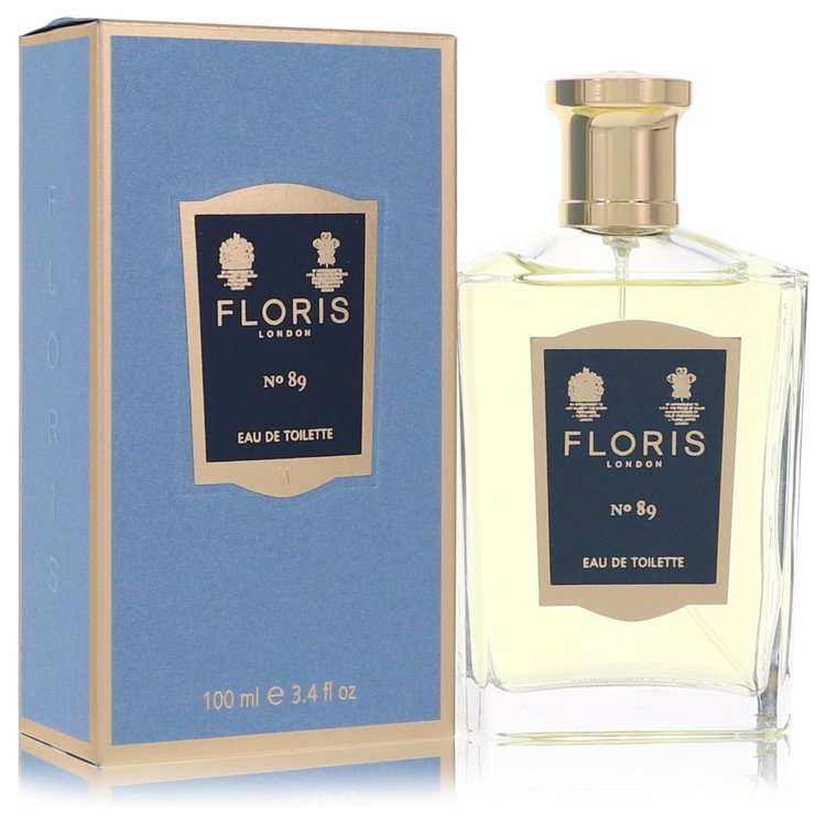 Floris No 89 Eau De Toilette Spray 3.4 oz bottle and blue box with gold accents
