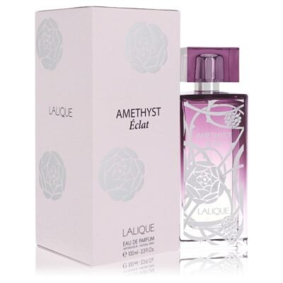 Lalique Amethyst Eclat Eau De Parfum 3.4 oz spray bottle with purple gradient and floral design next to matching box