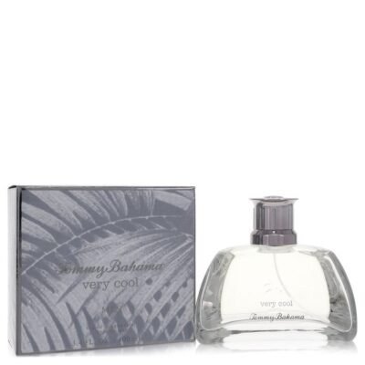 Tommy Bahama Very Cool cologne spray bottle and gray box with palm leaf design