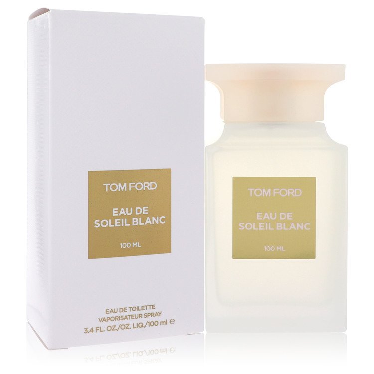 Tom Ford Eau De Soleil Blanc 100 ml spray bottle with matching white and gold box